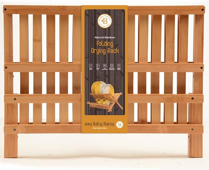Collapsible Dish Drying Rack 2-Tier Bamboo Dish Drainer for Kitchen Counter | Foldable Wooden Dish Rack, Small Kitchen Drying Rack, Dish Strainer, Holds Plates Cups Bowls Utensils, No Assembly