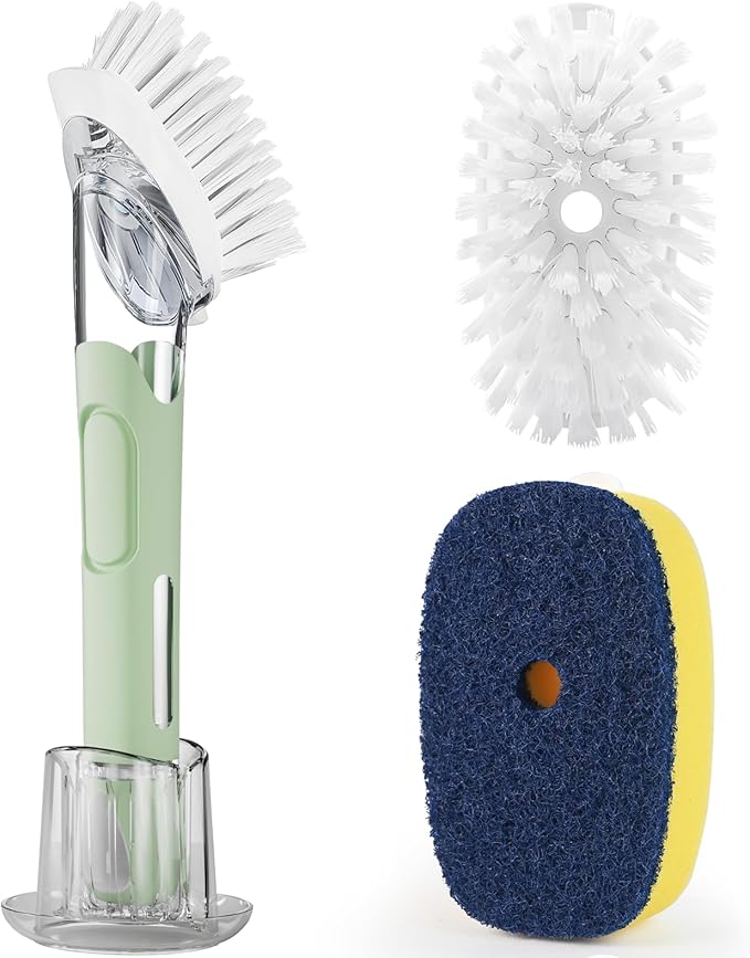 RIMAY Dish Brush Set with Soap Dispenser, 2 Refills and Storage Holder | Soap Dispensing Dish Brush dish scrubber with handle for Cleaning Dishes, Pans, Sink, Pots, Green