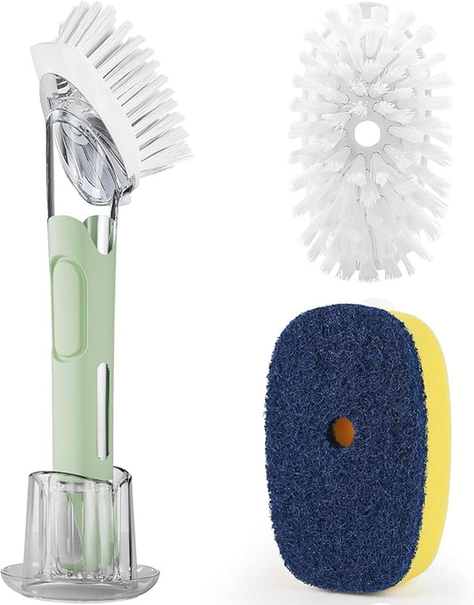 RIMAY Dish Brush Set with Soap Dispenser, 2 Refills and Storage Holder | Soap Dispensing Dish Brush dish scrubber with handle for Cleaning Dishes, Pans, Sink, Pots, Green