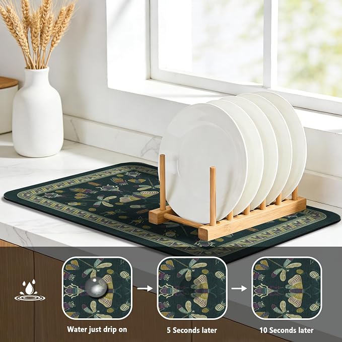 Dish Drying Mat, Vintage Rustic Boho Kitchen Dishes Absorbent Pad, 16x18in | Eco-friendly diatomite with non-slip rubber backing. Super absorbent mat for kitchen counters, coffee bars & sinks
