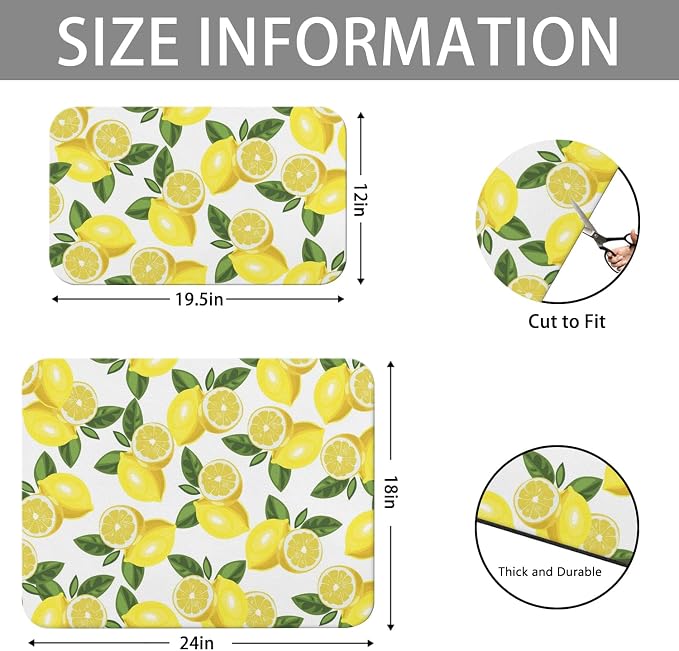 Dish Drying Mat 2-Pack in Yellow Lemon for Kitchen Counter Dishes Mat | Diatom Mud Mats (18x24, 19.5x12"). Non-slip rubber back for kitchen counter, coffee bar & sink scenes