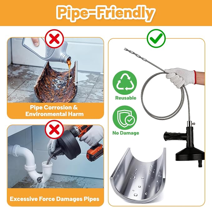 Drain Auger 33 ft, Plumbing Snake Hair Clog Remover Drain Snake Flexible Grabber Heavy Duty Sink Cleaner Tools for Shower Bathtub Bathroom Kitchen Pipe, Black