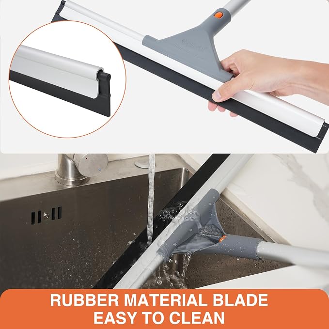 Eazer Floor Squeegee for Floor: Heavy Duty Scrubber with Extendable 60'' Aluminum Pole and Rubber Blade for Kitchen, Swimming Pool, Concrete Floors,Shower,Tiles,Garages,Windows,Glass,Pet Hair Removal
