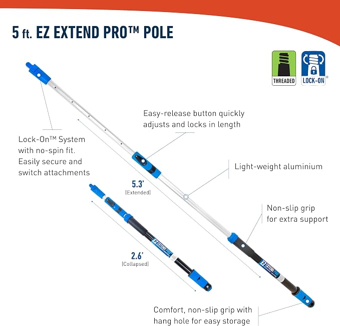 Unger Professional Lock-On Multi-Angle Wash Brush, Grout Brush and EZ Extend Pro Telescopic Pole for Outdoor Cleaning, Adjustable 5 FT Pole Extends Reach
