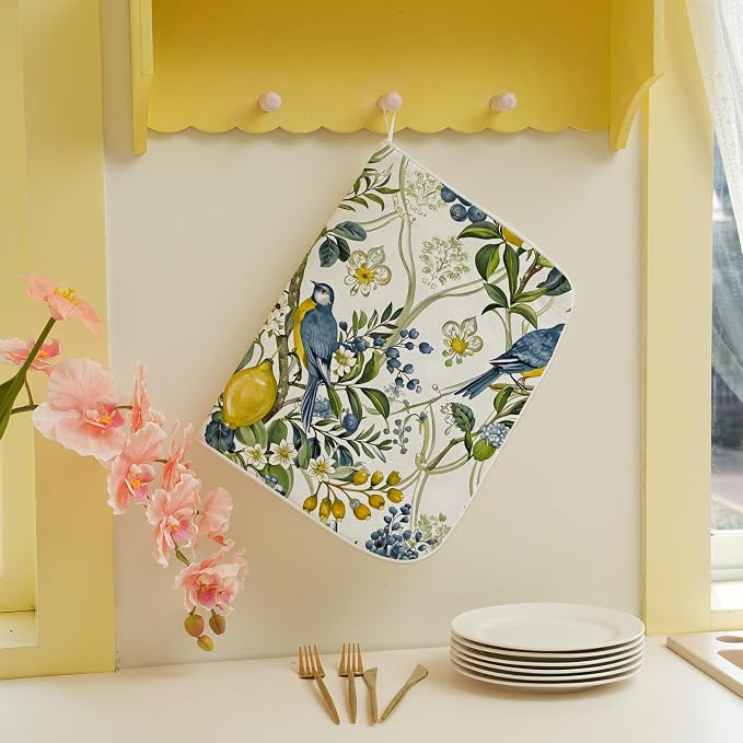 Sage Green Blue Bird Floral Dish Drying Mats 18x24 Inch Vintage Botanical Yellow Lemon Flower Decorative Kitchen Decor Absorbent Drying Pad Rack Drainer Mats for Kitchen Dining Room Counter