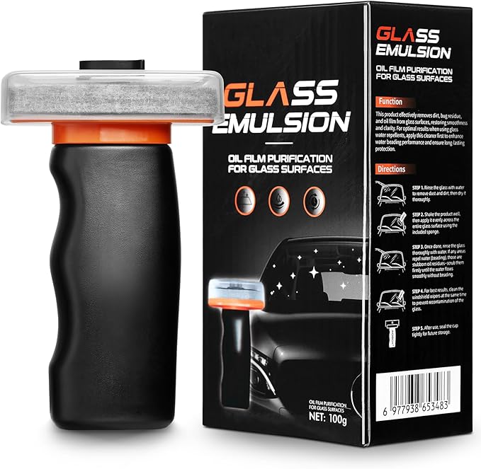 Glass Oil Film Remover for Car Windshield, Handheld Roll-On Glass Emulsion Cleaner with cleaning board, Removes Stubborn Oil Film & Grime for Improved Windshield Clarity for Safe Driving(3.5oz) (1PCS)