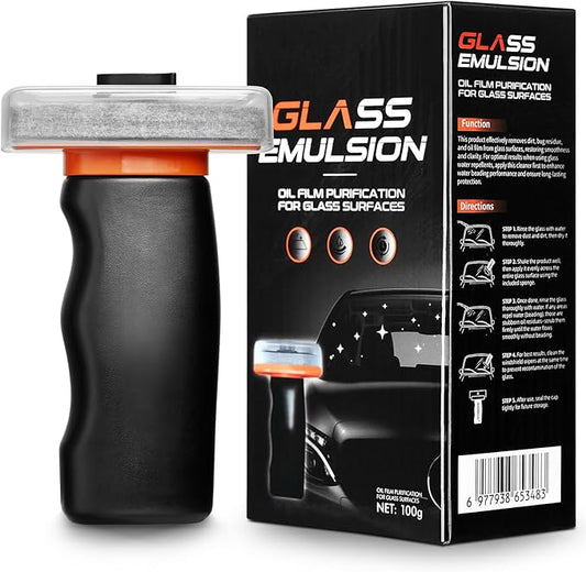 Glass Oil Film Remover for Car Windshield, Handheld Roll-On Glass Emulsion Cleaner with cleaning board, Removes Stubborn Oil Film & Grime for Improved Windshield Clarity for Safe Driving(3.5oz) (1PCS)