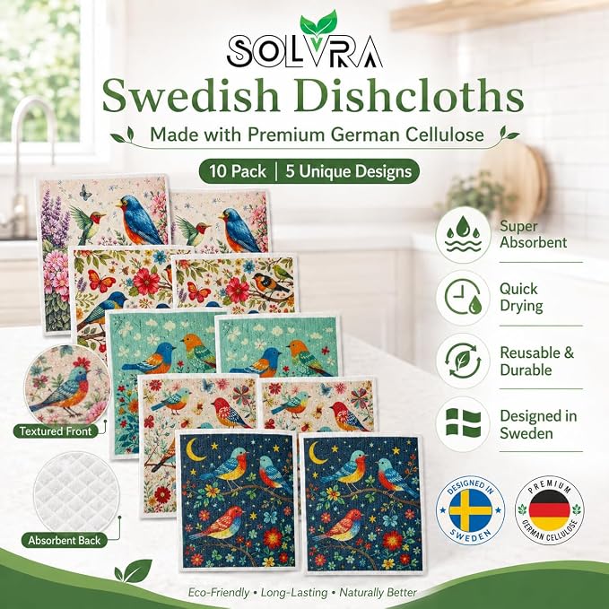 10 PCS Birds Print Swedish Dishcloths for Kitchen 100% Biodegradable, Reusable Cellulose Sponge Cloths Ultra Absorbent, Eco Friendly Cleaning Towels Dishcloths for Washing Dishes & General Cleaning