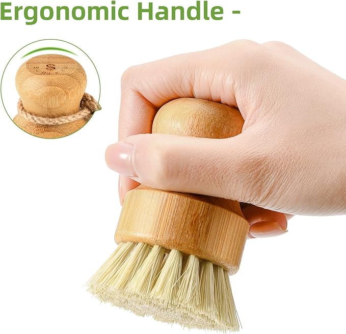 SUBEKYU Bamboo Dish Scrub Brushes, Kitchen Wooden Cleaning Scrubbers Set for Washing Cast Iron Pans/Pots, Set of 2