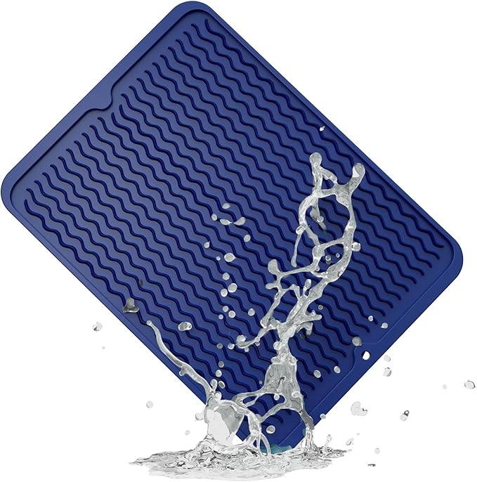 ZLR Silicone Dish Drying Mat for Kitchen Counter (12" x 16" / 307 x 405mm) - Large Fast-Dry Drainer Mat with Raised Wavy Ridges & 5mm Lip - Non-Slip, Heat Resistant 450°F, BPA-Free (Midnight Blue)