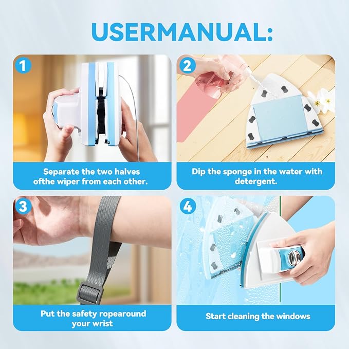 Double-Sided Magnetic Window Cleaner, Blue | Adjustable Magnetic Equipment, Fits 3-30mm Glass Thickness, 2.5m Safety Rope, High-Rise & Auto Glass, Safe Anti-Pinch Wiper