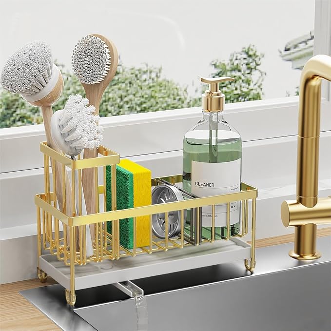 Cisily Sponge Holder for Kitchen Sink, Sink Caddy Organizer with High Brush Holder, Kitchen Countertop Organizers and Storage Essentials, Rustproof 304 Stainless Steel (Gold, 9.25″)