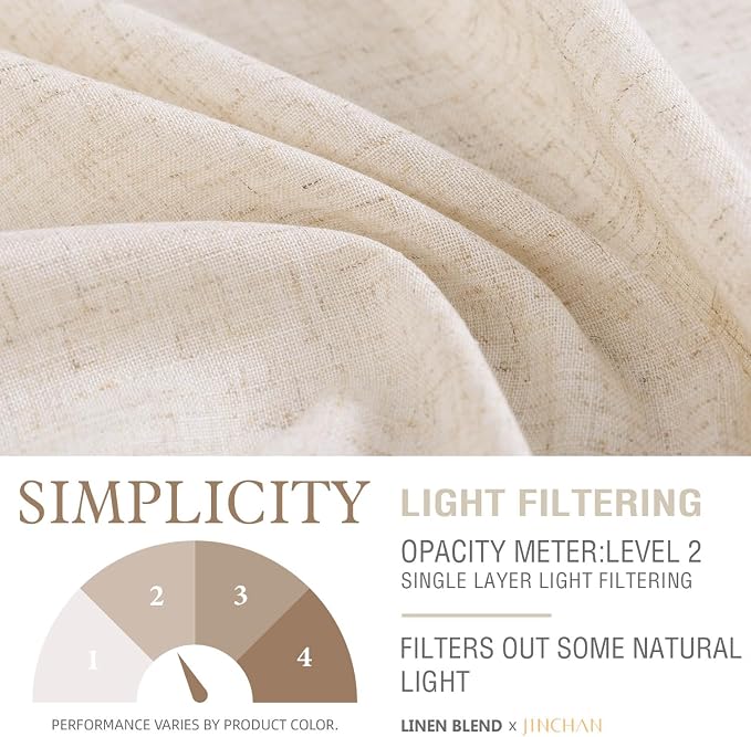 jinchan Beige Rustic Linen Rod Pocket Kitchen Curtains, 26x24, 2 Panels | Light filtering, cafe curtains, machine washable, farmhouse, kitchen, bathrooms, laundry, small window, over sink