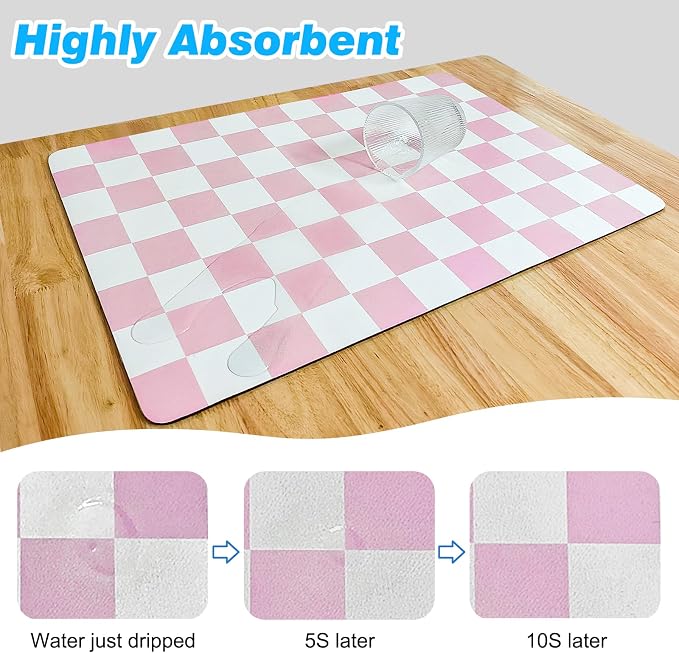 CooRug Checkered Dish Drying Mat, 12" x 20", Pink | Absorbent, Leak-Proof, Non-Slip, Heat Resistant, For Kitchen Counter & Coffee Bar, Eco-friendly Materials, Easy to Clean