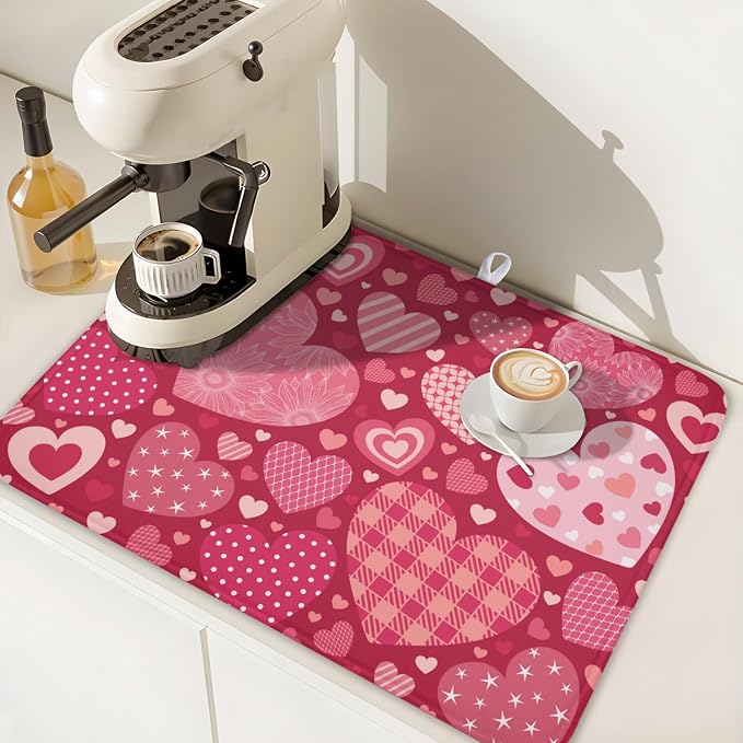 Valentine's Day Red Heart Dish Drying Mat 18x24 Inch | Polyester，Absorbent Microfiber，for Kitchen Coffee Dining Bar Decor