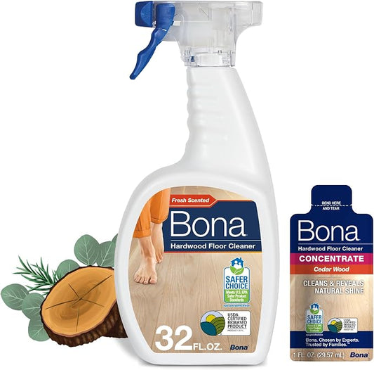 Bona® Hardwood Floor Cleaner Spray - 32 fl oz - Cedar Wood - Includes Filled Bottle + Concentrate Refill for Hardwood Floor Cleaning