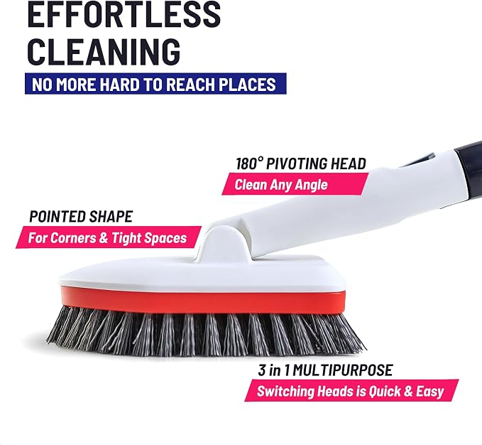 Moku Home Shower Scrubber 3 in 1 Extendable Long Handle 58" Cleaning Brush | Non-Scratch Bathroom Scrubber for Tub, Tile, Shower, Kitchen, Toilet, Sink, Wall & Floor; Telescopic Shower Cleaning Brush