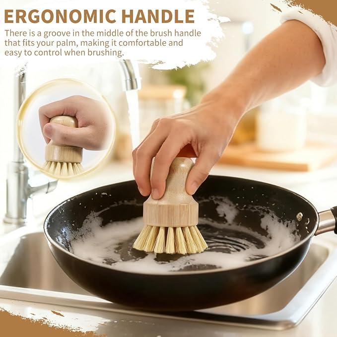 4 Pack Bamboo Dish Brush Set, Natural Palm Dish Scrubber for Pots and Vegetables, Sisal Bristle Bamboo Scrub Brush for Cleaning Dishes and Pans
