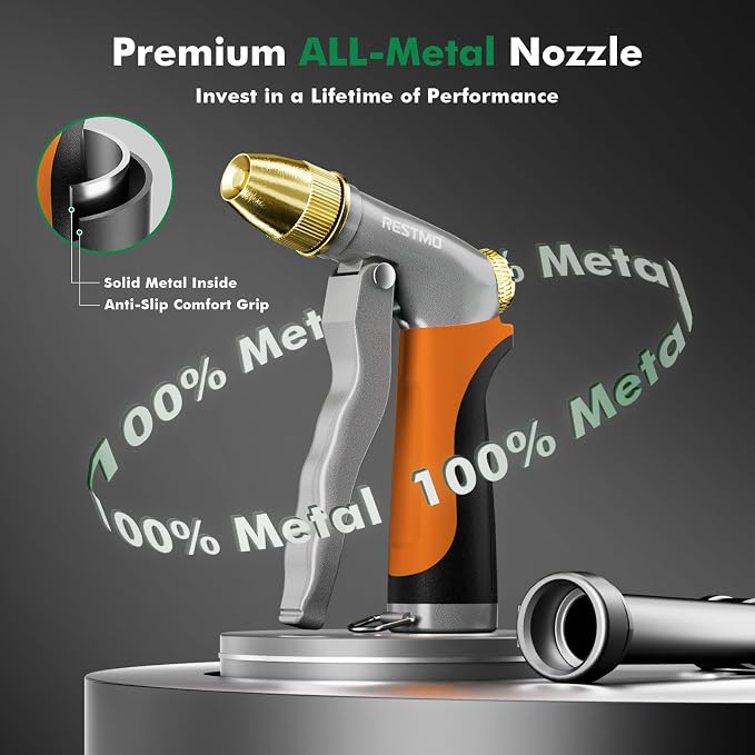 RESTMO Metal Water Hose Nozzle, High Pressure Garden Sprayer, Orange | Adjustable Brass Head for 4 Spray Patterns, Heavy Duty Garden Water Sprayer for Outdoor Lawn & Plant & Car