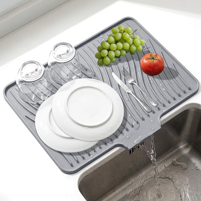 Silicone Dish Drying Mat, Stone Drying Mat for Kitchen Counter with Built-In Drain, Non-Slip Drain Pad with Built-in Drain, Heat Resistant Stone Drying Mat, 1Pcs 19.7" x 15", Grey