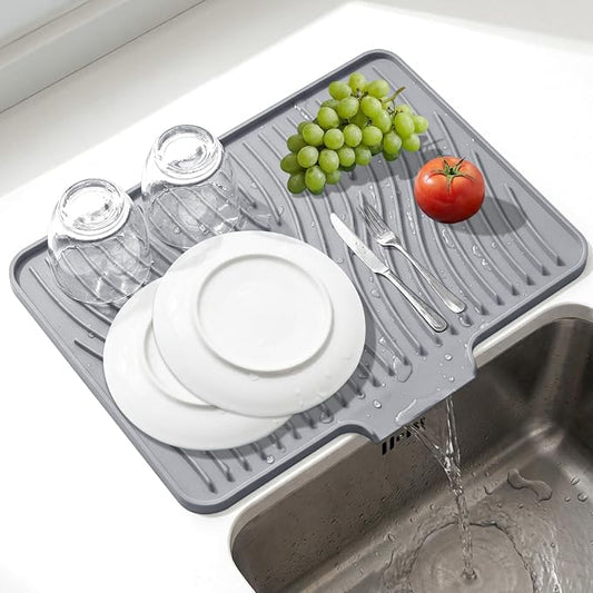 Silicone Dish Drying Mat, Stone Drying Mat for Kitchen Counter with Built-In Drain, Non-Slip Drain Pad with Built-in Drain, Heat Resistant Stone Drying Mat, 1Pcs 19.7" x 15", Grey