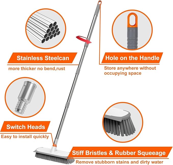 ITTAR Floor Scrub Brush with Long Handle, 12" Wide 2-in-1 Deck Brush and Squeegee with 55" Stainless Steel Pole, Heavy-Duty Stiff Bristles for Shower, Tile, Garage, Patio & Kitchen-Orange