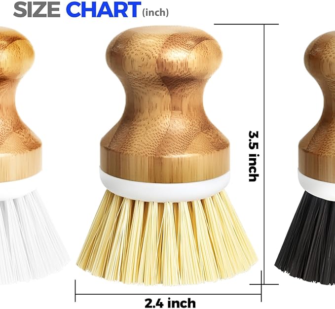 Holikme Bamboo Palm Brush Dish Brushes Vegetable Scrubber Round Natural Scrub Brush Cleaning Kit for Cleaning Saucepans, Pots, Pans and Vegetables, White Yellow Black