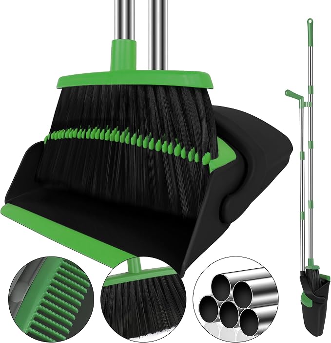 Green Broom and Dustpan Combo Set, 51" Long Handle Broom | Pet Hair & Debris Cleaning, Built-in Comb Dustpan, Space-Saving Upright Storage, Multi-Surface Use for Home, Kitchen & Office