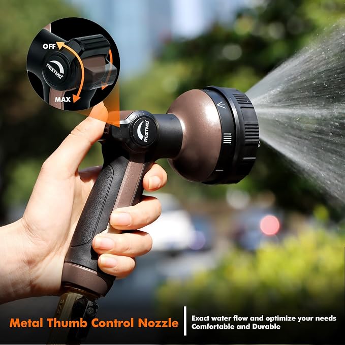 RESTMO Garden Hose Nozzle Heavy Duty, Metal Sprayer Nozzle Thumb Control | 8 Spray Patterns Full Shower Water Hose nozzle for Garden Hose, Ideal for Lawn & Plant Watering, Car & Pet Washing, Brown