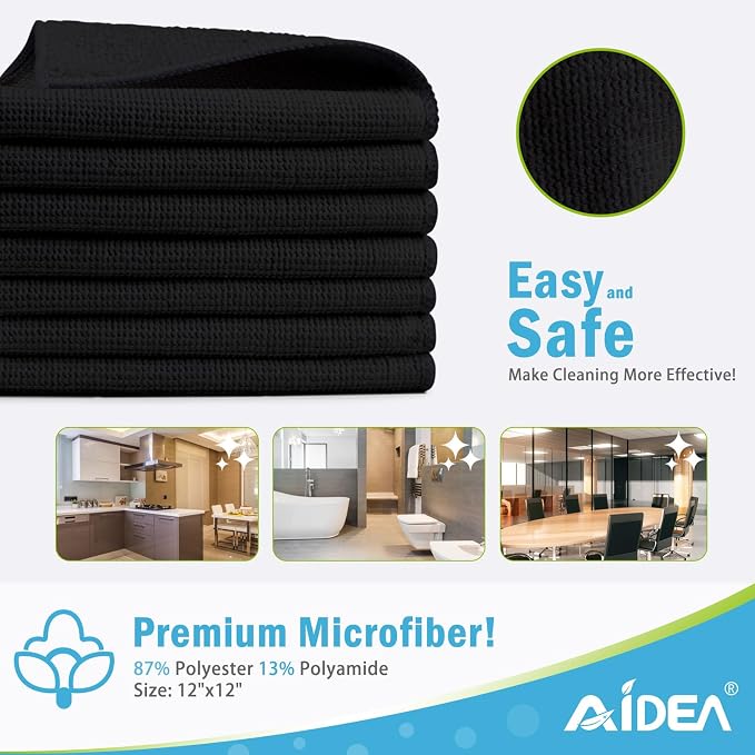 AIDEA Black Microfiber Cleaning Cloth-12PK, Absorbent Cleaning Rags 12"x12" | Microfiber Towels for Cars Lint Free Soft Microfiber Towels, Kitchen Towels Dusting Cloth, Dish Rags, Cleaning Towels