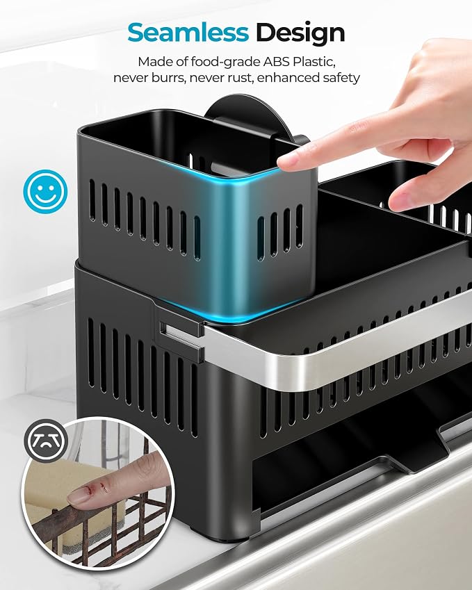Nieifi Sponge Holder – Black ABS Rust Sink Caddy with Towel Rack, 10.12" | Smiley sponge & brush holders with drainage to keep items dry. 4.5-inch depth. Kitchen counter organizer & essential storage.