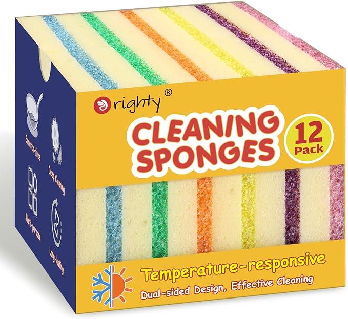 Orighty Dish Sponges, Dual-Sided Temperature-Responsive Kitchen Sponges, Non-Scratch Cleaning Sponge, Dish Scrubber, Scrub Sponge for Kitchen, Bathroom & Household, 12 Pack