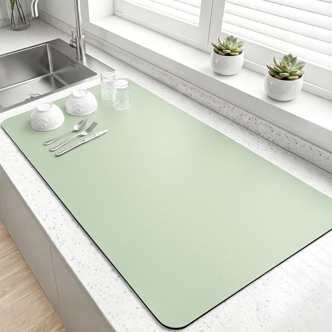 LOPNUR Kitchen Dish Drying Mat, 31.5"x17" Dish Drying Mats for Kitchen Counter, Diatomite Coffee Mat, Super Absorbent Dish Drying Pad, Heat Resistant Mat with Anti-slip Rubber Backed, Sage Green