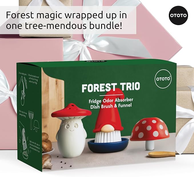 OTOTO Forest Trio Bundle of Beardy, Magic Mushroom, Fun Guy - Gnomes Dish Brush, Fungilicious Kitchen Funnel, Fridge Deodorizer, Mushroom Decor Cute Kitchen Accessories, Unique Mushroom Gnome Gifts