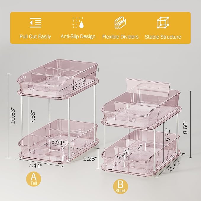 Delamu 2-Tier Under Sink Organizers and Storage, Multi-Purpose Stackable Bathroom Cabinet organizers, Pull Out Kitchen Pantry Organization and Storage with Dividers(2 Pack, Pink)