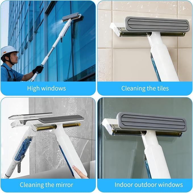 4-in-1 Window Squeegee with Extension Pole and Remote Control Spray, 74" Extendable Window Cleaner Tool, Window Cleaning Kit for Indoor Outdoor High Window, Car Glass & Shower Door