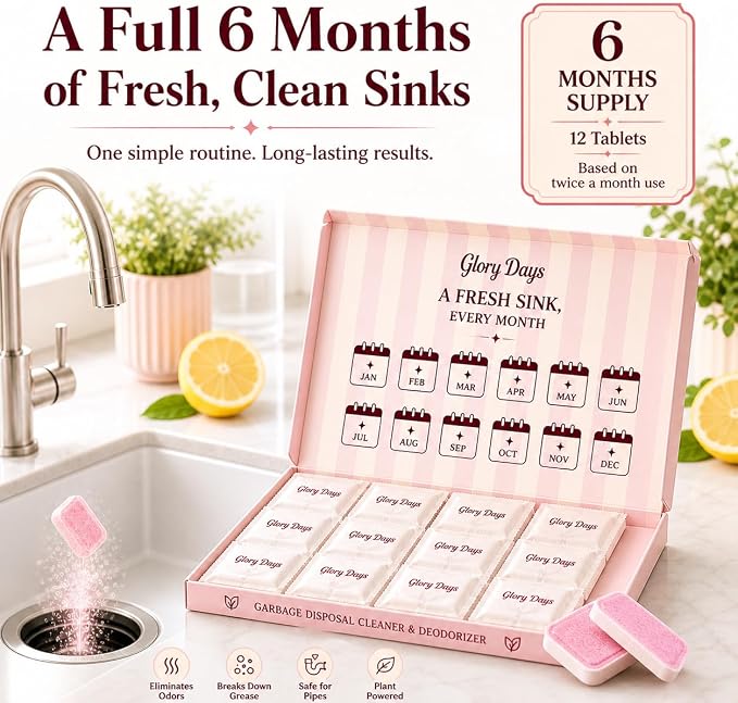 Glory Days Garbage Disposal Cleaner and Deodorizer Tablets | Foaming Citrus Drain Freshener, Sink Odor and Grease Buildup Remover, Septic Safe, Plant Based, Plastic Free