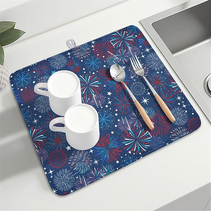 4th of July Patriotic Dish Drying Mat for Kitchen Counter 16 x 18 Inch Independence Day Dish Drainer Mat Absorbent Microfiber Firework Dish Rack Pad for Coffee Dining Bar Decor
