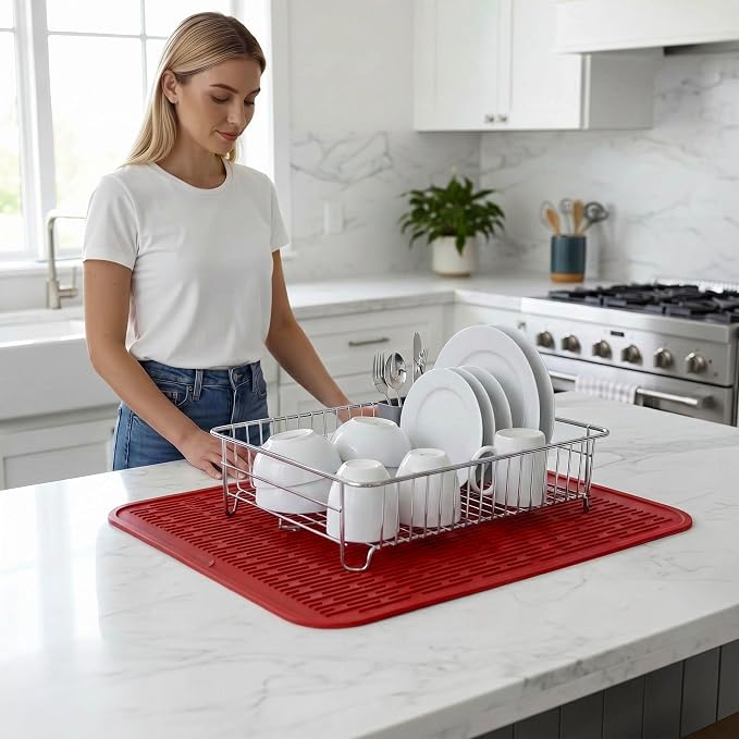 MicoYang Silicone Dish Drying Mat for Multiple Usage,Easy clean,Eco-friendly,Heat-resistant Silicone Mat for Kitchen Counter or Sink,Refrigerator or Drawer Liner Red 2XL 24 inches x 18 inches