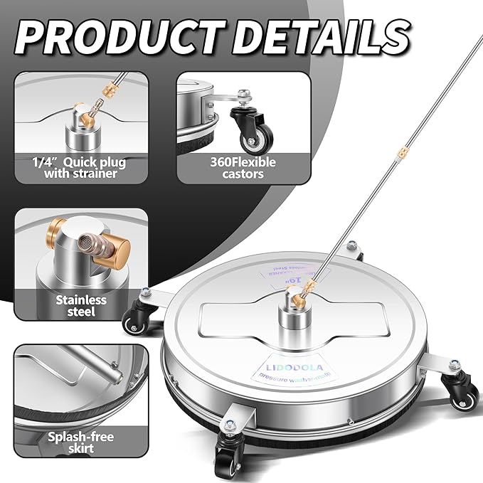 LidoDola 19'' Pressure Washer Surface Cleaner, Power Washer Accessory | Stainless Steel Housing with 4 Wheels, 1/4" QC, 2 Extension Wands & 2 Replacement Nozzles, for Gas & Electric Pressure Washer