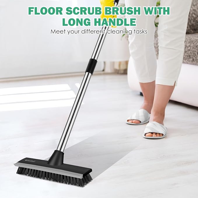 SetSail Floor Scrub Brush, 51-Inch Adjustable Long Handle Brush, Black Grey | 2 in 1 Scrape Brush Stiff Bristle Floor Scrubber for Cleaning Shower Bathroom Garage Kitchen Wall Deck Tub Tile