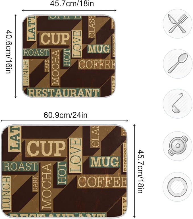 Super Absorbent Dish Drying Mat, Microfiber Fast-Drying Dish Mat, 24" x 18", Kitchen Dish Drying Pad, Coffee Themed Seamless Retro