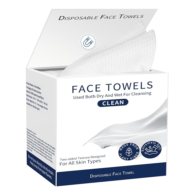 Disposable Face Towels, Biodegradable 100% USDA Face Towels, Ultra Soft Thick Face Wipes, Cleaning Facial Towels For All Skin Types, Skincare and Makeup Remover, Nursing, Travel, Dry Wipes (50 Ct)