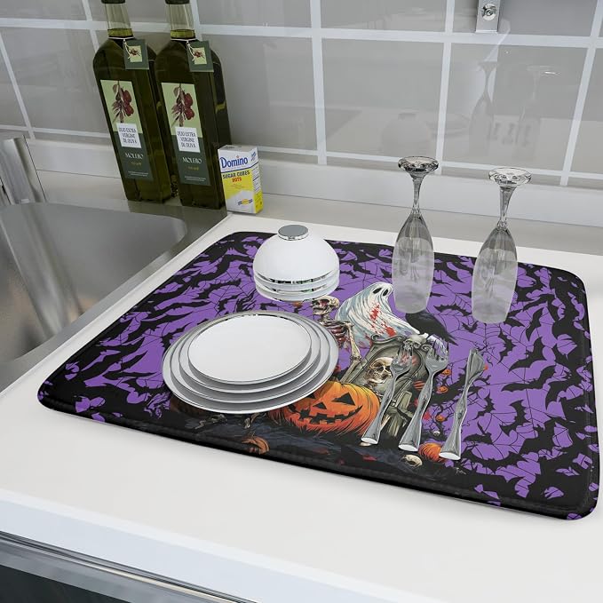 Giwawa Halloween Pumpkin Dish Drying Mat 18x24 inch Spooky Ghost Bat Dish Rack Mats Microfiber Draining Pad Fast Dry Holiday Kitchen Accessories