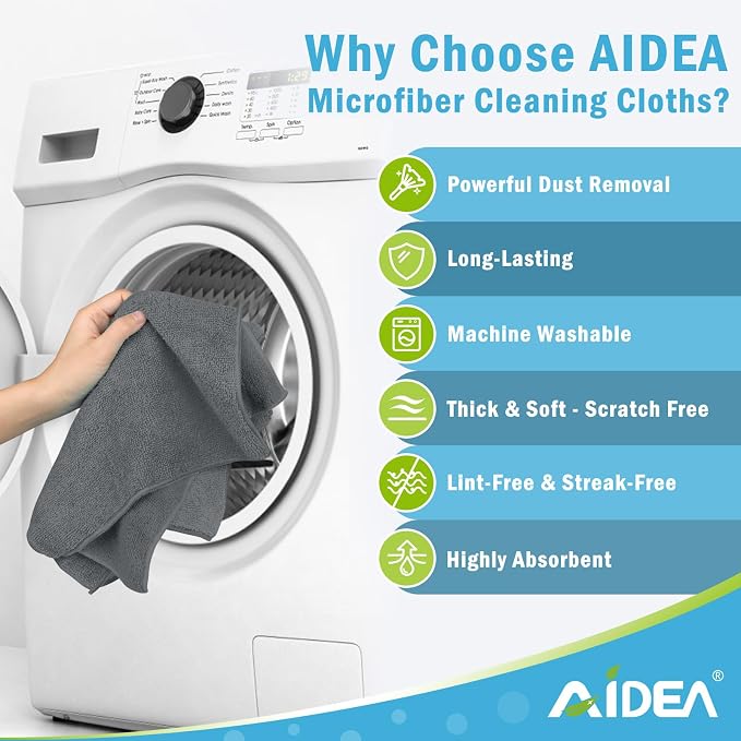 AIDEA Microfiber Cleaning Cloth Grey 50PK, Microfiber Towels for Cars, Premium Car Cloths, Dusting Cloth Lint Free Cleaning Rags for SUVs, House, Kitchen, Window, Workshops,11.5×11.5"