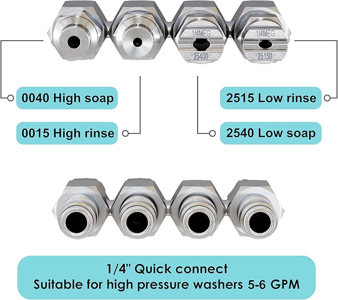 Jariko Jrod Pressure Washer Nozzle 5-6 GPM - High Pressure Hose J Rod - 1/4" Quick Connect for Soft Wash System - 4 Way 4 Tip Nozzle - Accessories