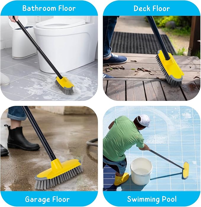 Deck Brush with Long Handle, Floor Scrub Broom for Shower, 50'' Outdoor Scrubber for Carpet, Boat, Patio, Garage, Concrete Cleaning