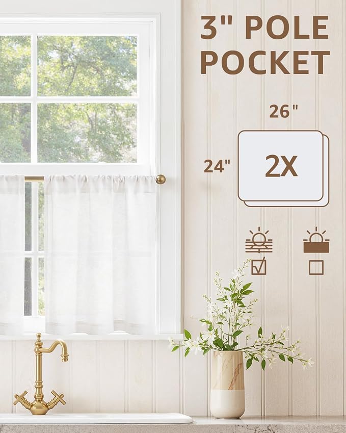 jinchan Rustic Linen Rod Pocket Tier Curtains, 26x24, 2 Panels, White | Light filtering, cafe curtains, machine washable, farmhouse, kitchen, bathrooms, laundry, small window, over sink