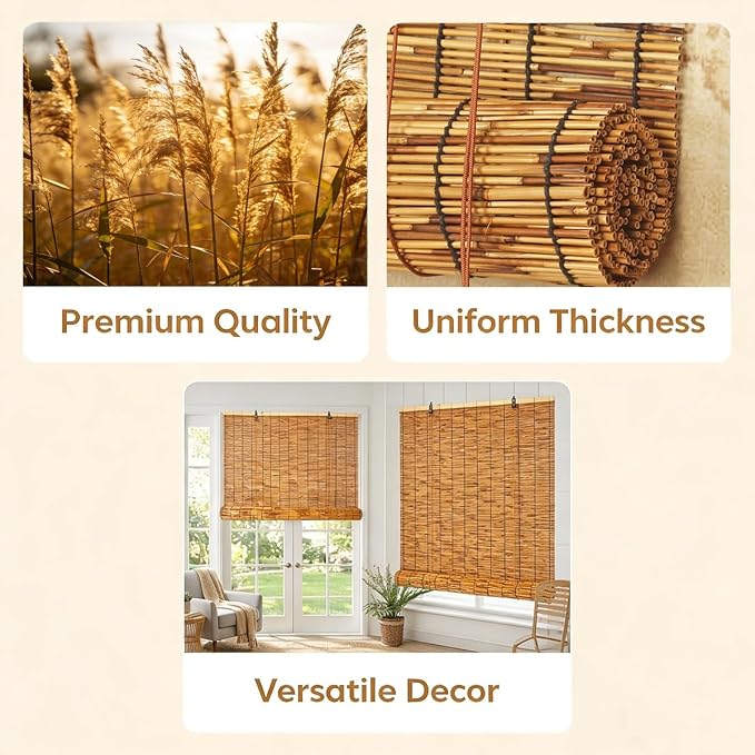 Waterproof Bamboo Roller Shades Sun Shade, Custom Size Bamboo Roll Up Window Shades for Porch, Patio & Interior Windows, Outdoor Privacy Screen Hand-Woven Roman Blinds(68" W x 64" H)