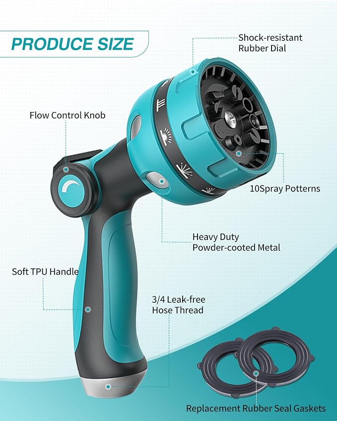 Garden Hose Nozzle, Heavy Duty Water Hose High Pressure Sprayer with 10 Watering Patterns, Thumb Control On Off Valve, for Watering outdoor Plants & Lawn, Car & Pet Washing（Blue）